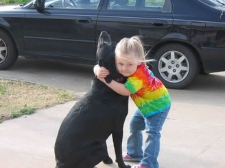 Child hugging Lab